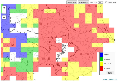 図：RCP8.5の下での21世紀末のコメ収量の変化率（関東圏周辺）